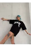 Unisex Bisiklet Yaka Baskılı Oversize T-shirt - Siyah