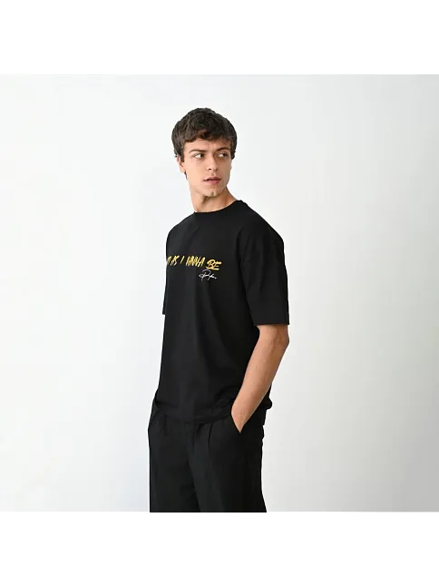 Unisex Bisiklet Yaka Baskılı Oversize T-shirt - Siyah
