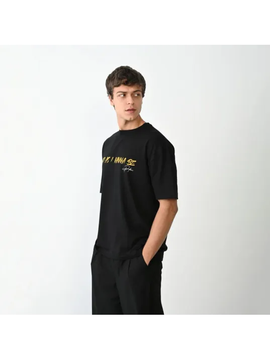 Unisex Bisiklet Yaka Baskılı Oversize T-Shirt - Siyah Unisex Bisiklet Yaka Baskılı Oversize T-Shirt - Siyah