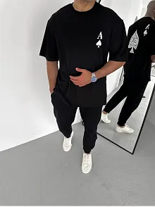 Unisex Bisiklet Yaka Baskılı Oversize T-shirt - Siyah
