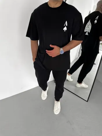 Unisex Bisiklet Yaka Baskılı Oversize T-shirt - Siyah