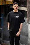 Unisex Bisiklet Yaka Baskılı Oversize T-shirt - Siyah