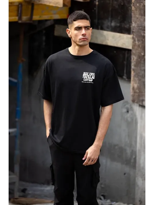 Unisex Bisiklet Yaka Baskılı Oversize T-Shirt - Siyah Unisex Bisiklet Yaka Baskılı Oversize T-Shirt - Siyah