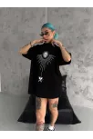 Unisex Bisiklet Yaka Baskılı Oversize T-shirt - Siyah
