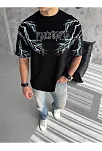 Unisex Bisiklet Yaka Baskılı Oversize T-shirt - Siyah