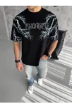 Unisex Bisiklet Yaka Baskılı Oversize T-shirt - Siyah