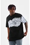 Unisex Bisiklet Yaka Baskılı Oversize T-shirt - Siyah