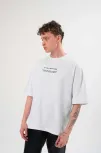 Unisex Bisiklet Yaka Baskılı Oversize T-shirt - Beyaz