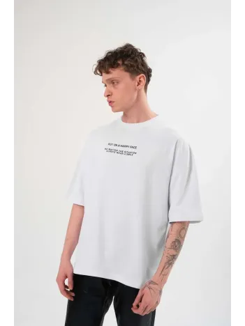 Unisex Bisiklet Yaka Baskılı Oversize T-shirt - Beyaz