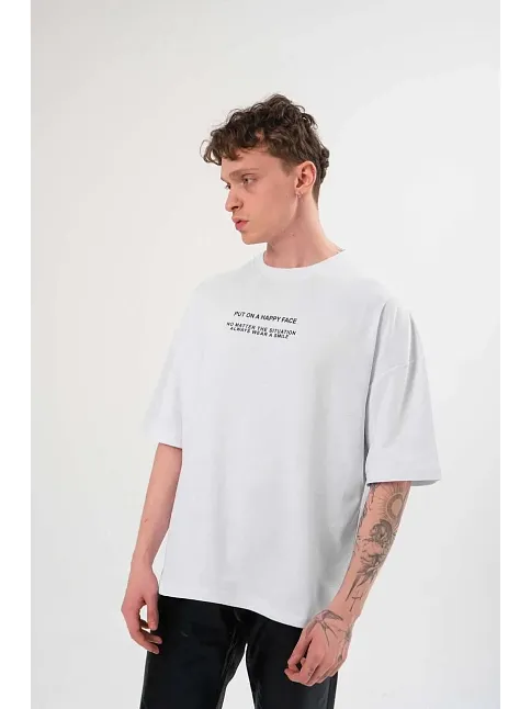Unisex Bisiklet Yaka Baskılı Oversize T-shirt - Beyaz