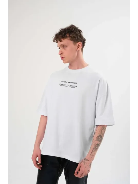 Unisex Bisiklet Yaka Baskılı Oversize T-shirt - Beyaz