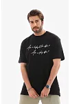 Unisex Bisiklet Yaka Baskılı Oversize T-shirt - Siyah