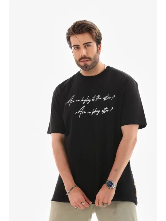 Unisex Bisiklet Yaka Baskılı Oversize T-shirt - Siyah