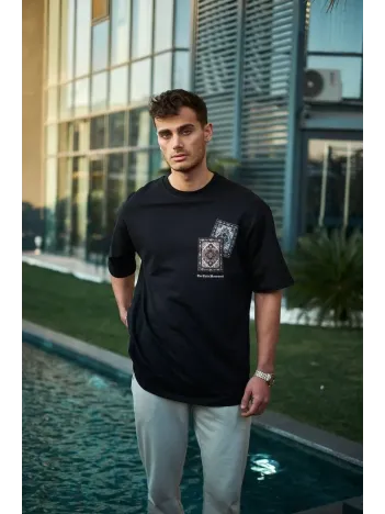 Unisex Bisiklet Yaka Baskılı Oversize T-Shirt - Siyah Unisex Bisiklet Yaka Baskılı Oversize T-Shirt - Siyah