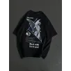 Unisex Bisiklet Yaka Baskılı Oversize T-Shirt - Siyah