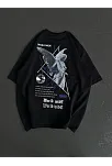 Unisex Bisiklet Yaka Baskılı Oversize T-shirt - Siyah