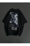 Unisex Bisiklet Yaka Baskılı Oversize T-shirt - Siyah