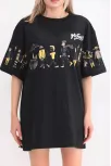 Unisex Bisiklet Yaka Baskılı Oversize T-shirt - Siyah