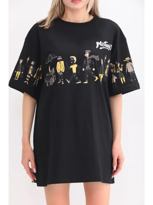 Unisex Bisiklet Yaka Baskılı Oversize T-Shirt - Siyah Unisex Bisiklet Yaka Baskılı Oversize T-Shirt - Siyah