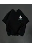 Unisex Bisiklet Yaka Baskılı Oversize T-shirt - Siyah