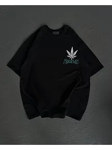 Unisex Bisiklet Yaka Baskılı Oversize T-shirt - Siyah