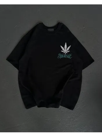 Unisex Bisiklet Yaka Baskılı Oversize T-Shirt - Siyah Unisex Bisiklet Yaka Baskılı Oversize T-Shirt - Siyah