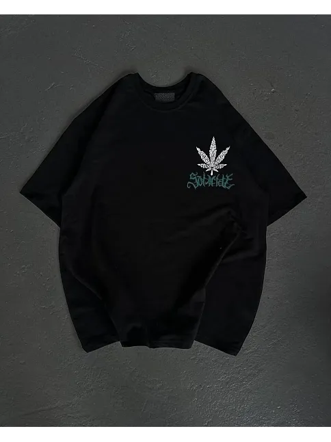 Unisex Bisiklet Yaka Baskılı Oversize T-shirt - Siyah