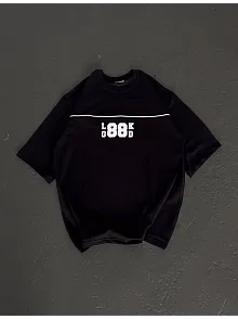 Unisex Bisiklet Yaka Baskılı Oversize T-shirt - Siyah