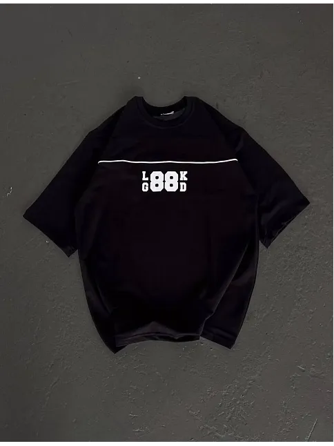 Unisex Bisiklet Yaka Baskılı Oversize T-shirt - Siyah