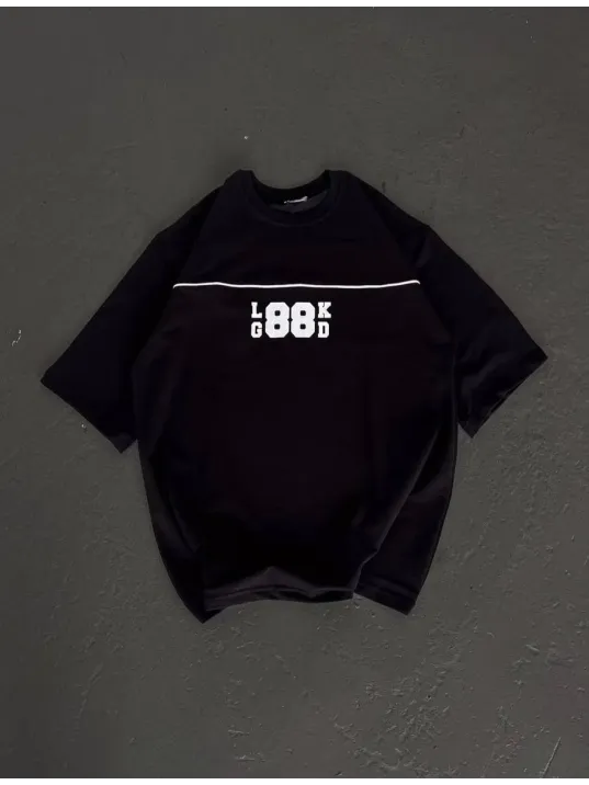 Unisex Bisiklet Yaka Baskılı Oversize T-shirt - Siyah