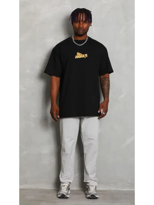 Unisex Bisiklet Yaka Baskılı Oversize T-Shirt - Siyah Unisex Bisiklet Yaka Baskılı Oversize T-Shirt - Siyah