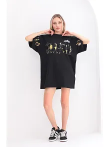 Unisex Bisiklet Yaka Baskılı Oversize T-shirt - Siyah