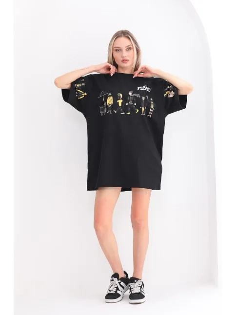 Unisex Bisiklet Yaka Baskılı Oversize T-shirt - Siyah