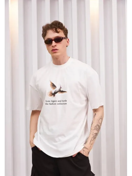 Unisex Bisiklet Yaka Baskılı Oversize T-Shirt - Siyah Unisex Bisiklet Yaka Baskılı Oversize T-Shirt - Siyah