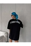 Unisex Bisiklet Yaka Baskılı Oversize T-shirt - Siyah