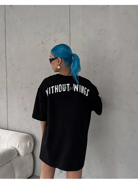 Unisex Bisiklet Yaka Baskılı Oversize T-shirt - Siyah
