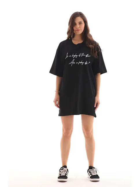 Unisex Bisiklet Yaka Baskılı Oversize T-shirt - Siyah