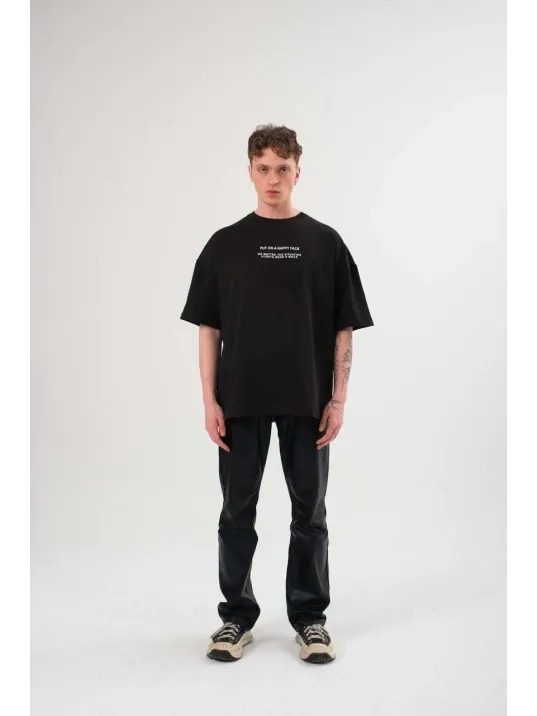 Unisex Bisiklet Yaka Baskılı Oversize T-Shirt - Siyah Unisex Bisiklet Yaka Baskılı Oversize T-Shirt - Siyah