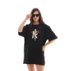 Unisex Bisiklet Yaka Baskılı Oversize T-Shirt - Siyah