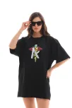 Unisex Bisiklet Yaka Baskılı Oversize T-shirt - Siyah