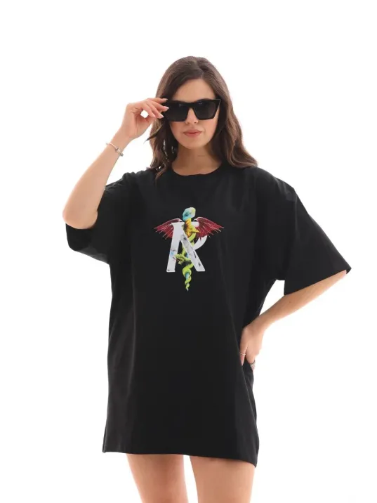 Unisex Bisiklet Yaka Baskılı Oversize T-Shirt - Siyah