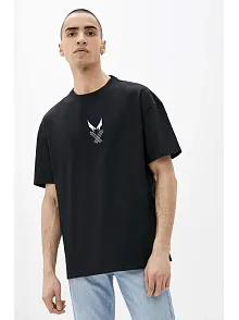 Erkek Baskılı T-shirt Kısa Kol Bisiklet Yaka Rahat Kalıp Tişört - Siyah
