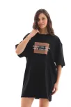Unisex Bisiklet Yaka Baskılı Oversize T-shirt - Siyah