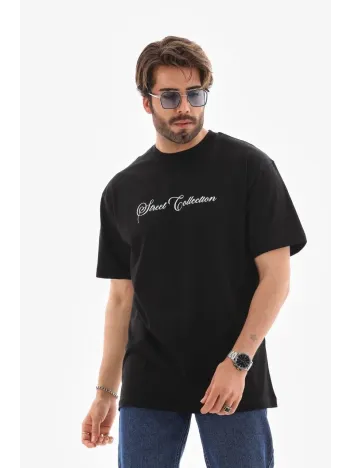 Unisex Bisiklet Yaka Baskılı Oversize T-shirt - Siyah