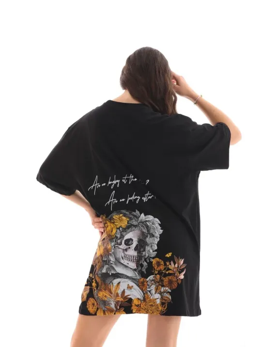 Unisex Bisiklet Yaka Baskılı Oversize T-shirt - Siyah Unisex Bisiklet Yaka Baskılı Oversize T-shirt - Siyah