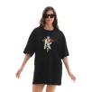 Unisex Bisiklet Yaka Baskılı Oversize T-Shirt - Siyah