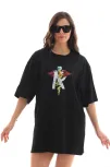 Unisex Bisiklet Yaka Baskılı Oversize T-shirt - Siyah