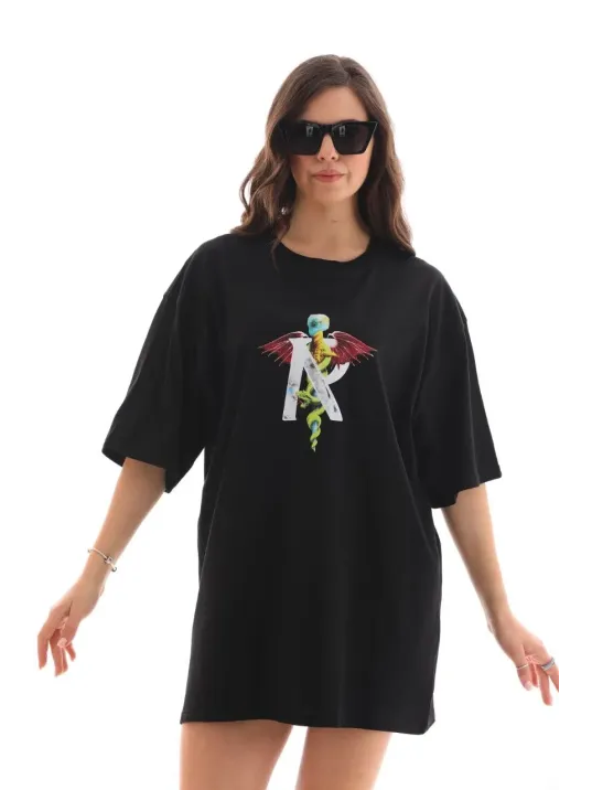 Unisex Bisiklet Yaka Baskılı Oversize T-Shirt - Siyah