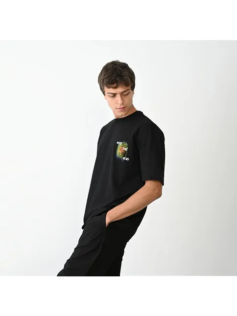 Unisex Bisiklet Yaka Baskılı Oversize T-shirt - Siyah