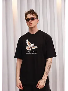 Unisex Bisiklet Yaka Baskılı Oversize T-shirt - Siyah